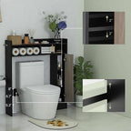 Giantex Short Over The Toilet Storage Cabinet, Bathroom Organizer w/Single Door Cabinet & Adjustable Shelves, Freestanding Space Saver Above Toilet Storage for Restroom, Laundry Room (Black+Oak)