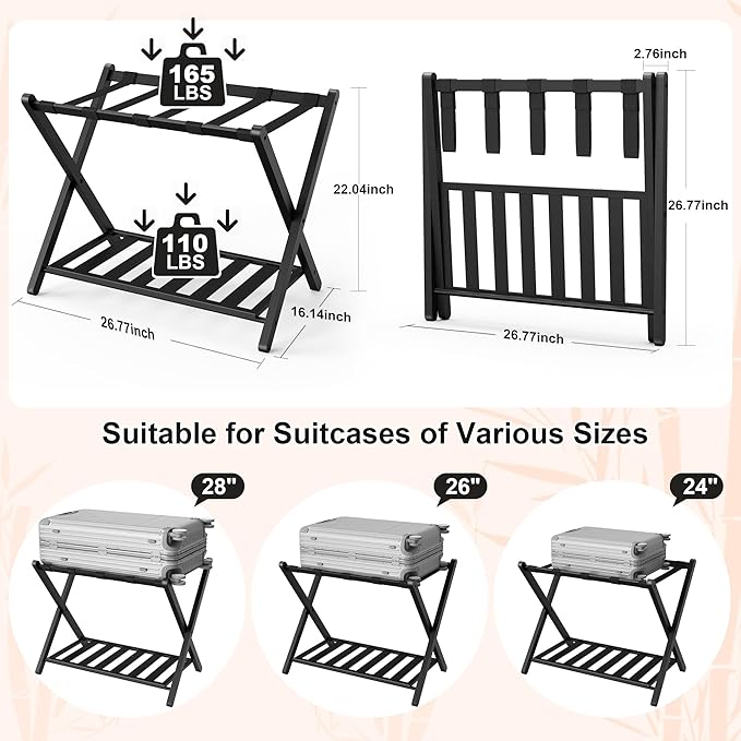 26.77"L Luggage Rack, Black Luggage Rack for Guest Room, Bamboo Folding Suitcase Stand with Storage Shelf, 5 Nylon Straps, Heavy Duty Luggage Holder for Bedroom Hotel, 1 Pack, Gift Box Packaging