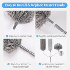 Cobweb Duster with Extension Pole, Washable Cleaning Microfiber Feather Duster 5-in-1 Kit with 3 Duster Heads, 100'' Bendable Extendable Long Duster for High Ceilings, Fans, Blinds, Furniture & Car