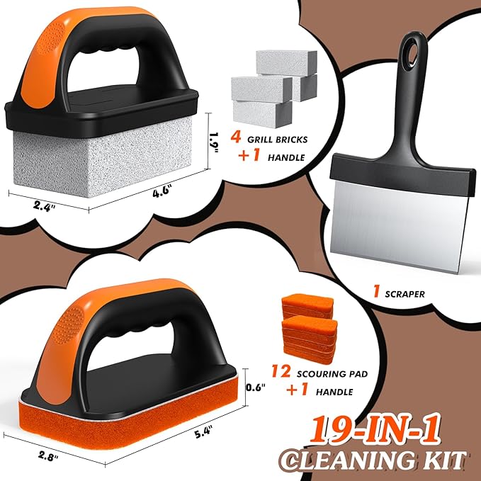 19 in 1 Griddle Cleaning Kit for Blackstone Accessories, Flat Top Grill Cleaning Kit w/Griddle Scraper, 4 Grill Stone, Griddle Brush Easy to Remove Stain - 5060
