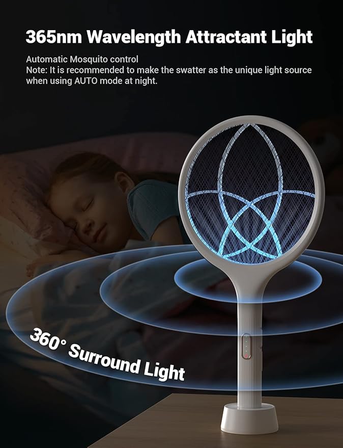 YISSVIC Electric Fly Swatter 4000V Bug Zapper Racket Dual Modes Mosquito Killer with Purple Mosquito Light Rechargeable for Indoor Home Office Backyard Patio Camping