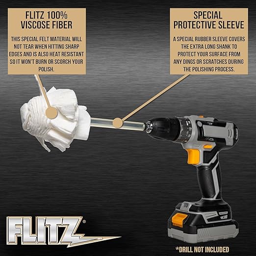 Flitz Buff Ball w/ 1.76oz Metal Polish Paste - 2in Drill Buffer Polisher Attachment for Any 3/8in Drill - Self-Cooling, Washable Polishing Ball to Buff, Shine, & Protect All Metals, Plastics (1 Pack)
