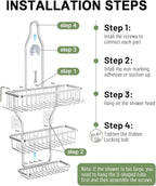 Shower Caddy Hanging - Never Rust Shower Hanging Organizer - Aluminum Over the ShowerHead Caddy with Soap Basket and 6 Hooks for Razor/Sponge (Frosted Silver)