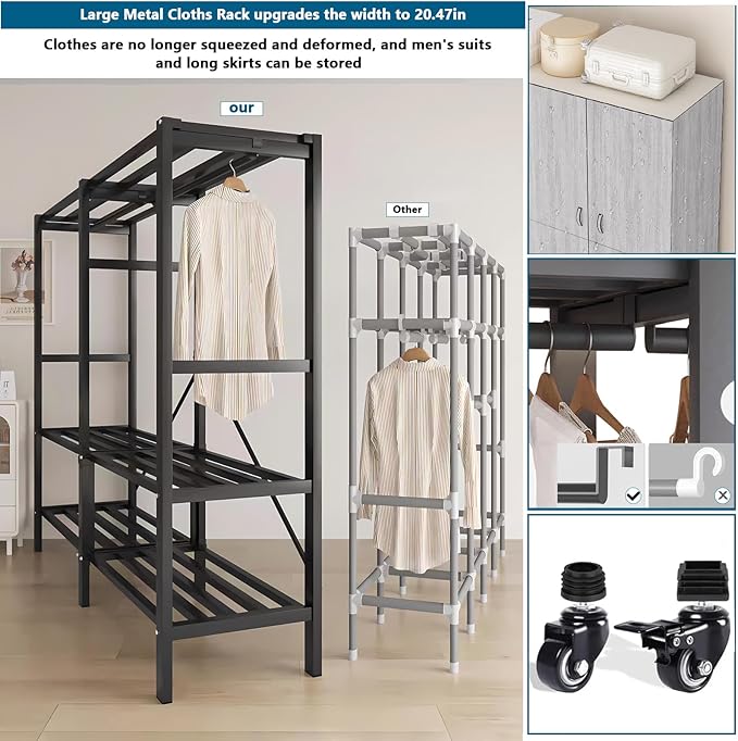Heavy Duty Covered Clothes Rack with Magnetic Door Foldable Portable Wardrobe Closet for Hanging Clothing Rolling Black Metal Garment Rack on Wheels Closet System (Gray, 74.7in)