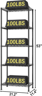 HOMEFORT 5-Shelving Unit, Adjustable Wire Shelving, Metal Wire Shelf Rack Organizer for Kitchen, Pantry, Closet, Bathroom, Laundry, Black,21" W x 11" D x 53" H