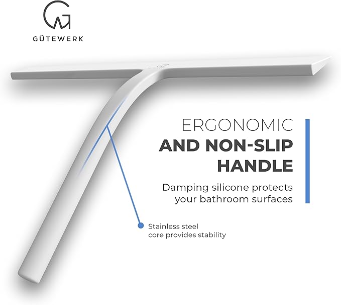 GÜTEWERK Shower Squeegee for Glass Doors, Silicone Window Squeegee, Bathroom and Glass Cleaning - White - 13 Inch