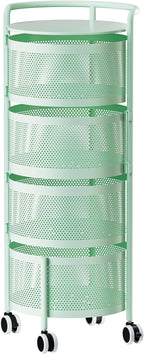 JAQ Kitchen Storage Rack No Assembly, 4-Tier Metal Storage Tower Basket Shelves Organizer on Rolling Wheels with Removal Drawers for Fruit Vegetable Grocery Corns Potato Onion (4-Tier, Green)
