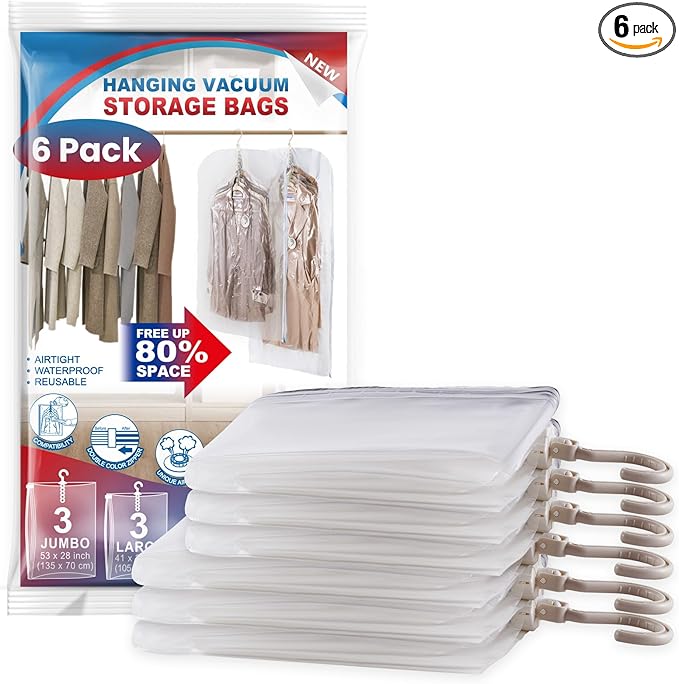 Hanging Vacuum Storage Bags, 6 Pack Large Hanging Space Saver Bags, Vacuum Sealed for Clothes Suits Dress Jackets for Moving Supplies(3 Long, 3 Short)