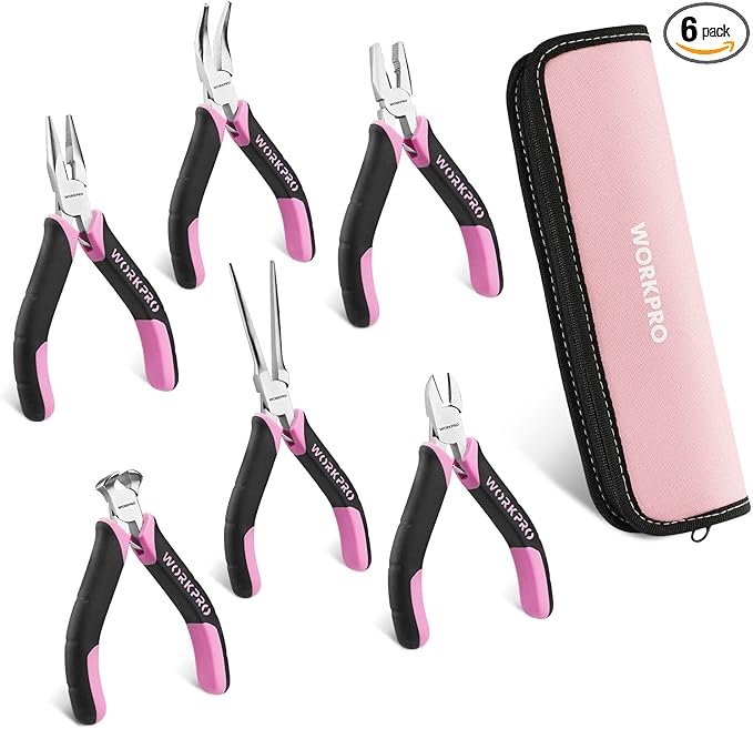 WORKPRO 6-Piece Mini Pliers Set, Needle Nose, Long Nose, Bent Nose, Diagonal, End Cutting and Linesman, for Crafts Work, Electronic Repair, with Pouch - Pink Ribbon