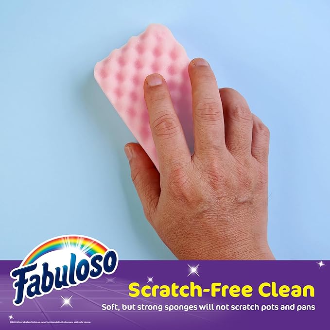 Fabuloso Scratch-Free Kitchen Dish Sponges, Rainbow Cellulose Scrubber Sponge with Scouring Pad for Dishes, Pots, Pans, Counters and Sinks, Tough on Messes, 4.25 x 2.75 x 1.25 in, 4 Count