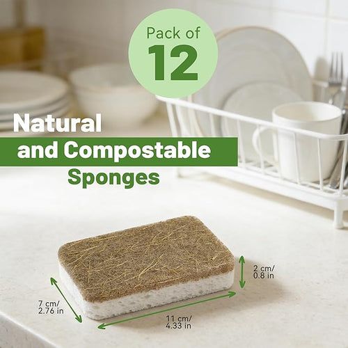 12 Count Plant-Based Kitchen Sponges, Compostable Cellulose Sponge, Biodegradable Sponges for Dishes, Non-Scratch Cleaning Sponges for Kitchen, Bathroom, Household Cleaning