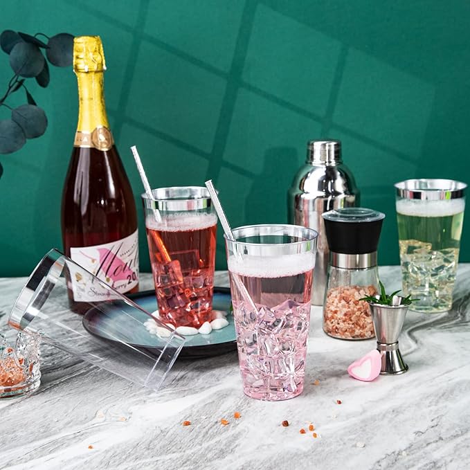 LIYH 100 Pcs 16 oz Silver Plastic Cups - Clear Plastic Tumblers with Silver Rim Big Size Fancy Disposable Clear Cups for Party & Wedding