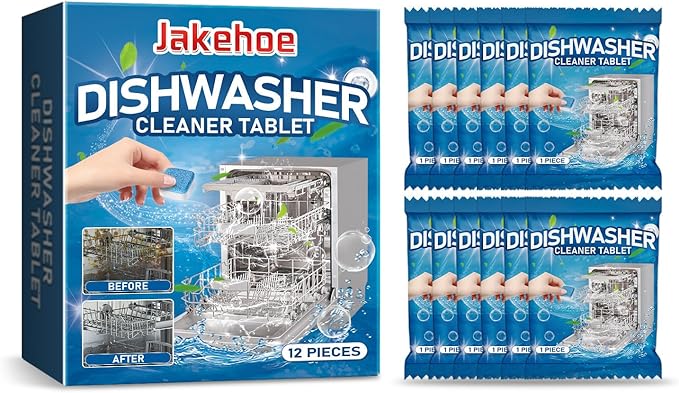 Dishwasher Cleaner and Deodorizer Tablets, 12 Pack Deep Cleaning Descaler for All Dishwasher Machines, Septic Safe, Lemon Scent, 12 Month Supply