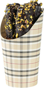 Restaurantware Bio Tek 16 Ounce French Fry Containers, 100 Disposable Charcuterie Cups - Incline Design, Round, Plaid Paper French Fry Cups, Stackable, For Waffles, Chips, or Popcorn