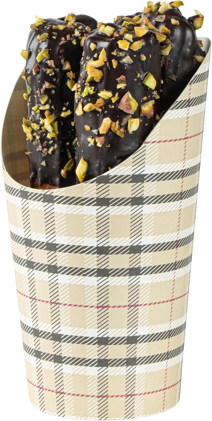 Restaurantware Bio Tek 16 Ounce French Fry Containers, 100 Disposable Charcuterie Cups - Incline Design, Round, Plaid Paper French Fry Cups, Stackable, For Waffles, Chips, or Popcorn