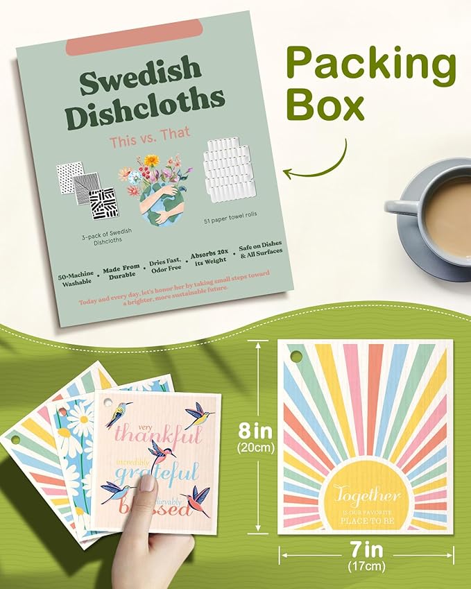 6 Pack Swedish Dishcloths for Kitchen - Reusable Dish Cloths for Washing Dishes Absorbent Cute Funny Kitchen Towels Cleaning Sponge, Rainbow