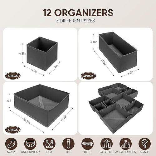 12 Pcs Drawer Organizer Clothes – Dresser Organizers for Baby Clothes, Underwear, Socks & Bedrooms – Foldable Storage Bins for Closet & Nursery – Fabric Drawer Dividers for Shelves (Grey)