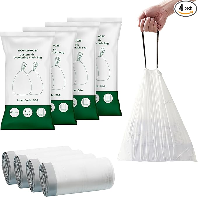 SONGMICS Trash Bags for 8-Gallon (30 L) Trash Cans, Drawstring Kitchen Garbage Bags, Pre-Separated, Liner Code 30A, 4 Rolls, 180 Count, White UKRB030A04