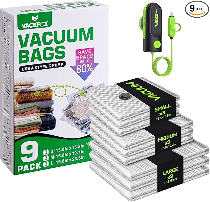 Travel Vacuum Bags with USB & TYPE C Pump, 9 Pack Carry-On Vacuum Storage Bags for Luggage & Suitcase, Vacuum Luggage Bags, Space Saver for Clothes & Travel(Green)