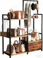 Industrial 4-Tier Storage Shelf with Drawer & Hanging Hooks - Metal & Wood Entryway Organizer Rack for Bedroom, Living Room - Freestanding Clothing Coat Rack with Multi-Level Shelves (Brown)