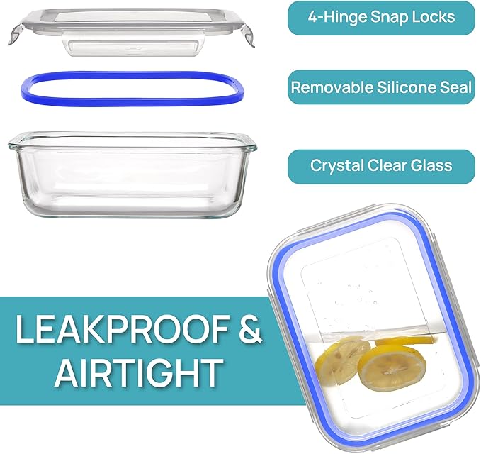 Vtopmart 5Pack 22oz Glass Storage Containers with Lids, Glass Meal Prep Food Container Sets with Snap Airtight Lids for Microwave, Oven, Freezer and Dishwasher, Blue