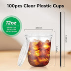 100 Pack 12 oz Clear Plastic Cups with Flat Lids and Straws, Disposable Iced Coffee To Go Cups, Plastic Smoothie Cold Drink Cup for Party, Picnic, Travel