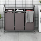 LINZINAR 3-Bag Laundry Sorter,Laundry Hamper Cart with Heavy Duty Rolling Lockable Wheels and Removable Bags (Brown)