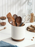 Utensil Holder, 360° Rotating Extra Large Ceramic Kitchen Utensil Holder for Countertop, 7.3“ Cooking Utensil Crocks for Kitchen Counter with Rotatable Wooden Base, Farmhouse Decor, White