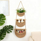 Hanging Fruit Basket, 3 Tier Cotton Woven Wall Basket, Detachable Wall Hanging Baskets for Kitchen Bathroom Storage, Plants Holder, Vegetable Onion Organizing, Boho Decor Aesthetic