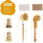 6 Piece Bamboo Dish Brush Set with Coconut Sponge - Wooden Dish Brush with Sisal and Palm Fiber, Natural Bamboo Dish Scrub Brush for Kitchen Cleaning Dishes, Pots, Pans, Bottles, Vegetables