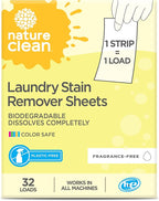 Nature Clean Natural Stain Remover for Clothes Laundry Strips Unscented 32 Count, Non-Toxic Advanced Stain Remover Treater Laundry Sheets, Plastic-Free Travel Stain Remover for Fabric Eco-Friendly