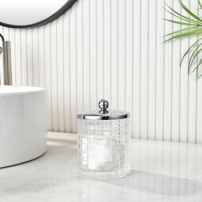 Glass Cotton Jar Holder Silver Lid, Elegant Bathroom Storage Canister for Qtips, Cotton Balls, Floss, Makeup Organizer, Vanity Bathroom Organization