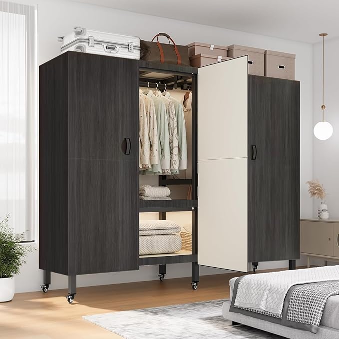 Heavy Duty Covered Clothes Rack with Magnetic Door Foldable Portable Wardrobe Closet for Hanging Clothing Rolling Black Metal Garment Rack on Wheels Closet System (Black, 65.9in)