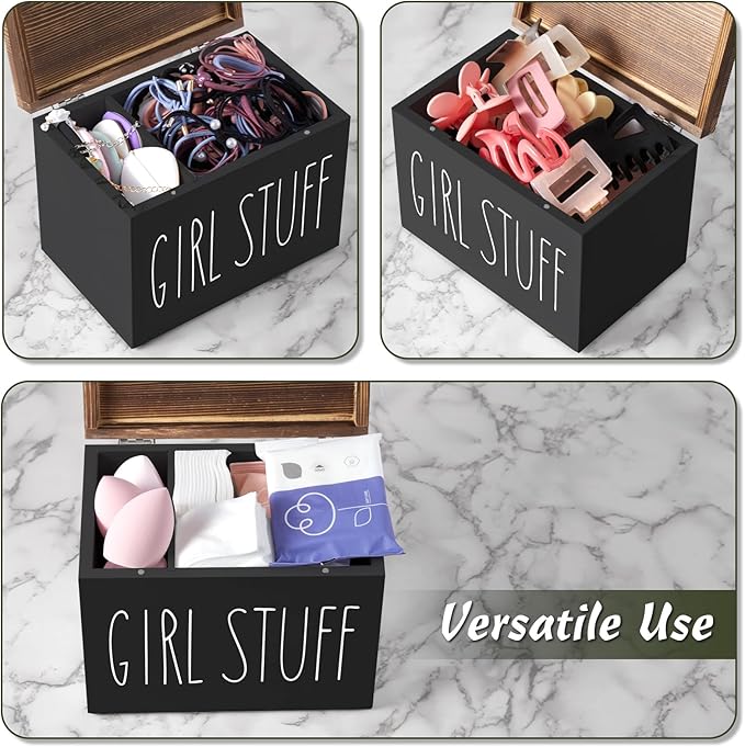 DRASTAR Tampon Holder for Bathroom, Black Feminine Product Organizer, Pad Organize Case with hinged lid, Shark Week Tampon Storage, Lady Stuff Box for Bathroom Accessories