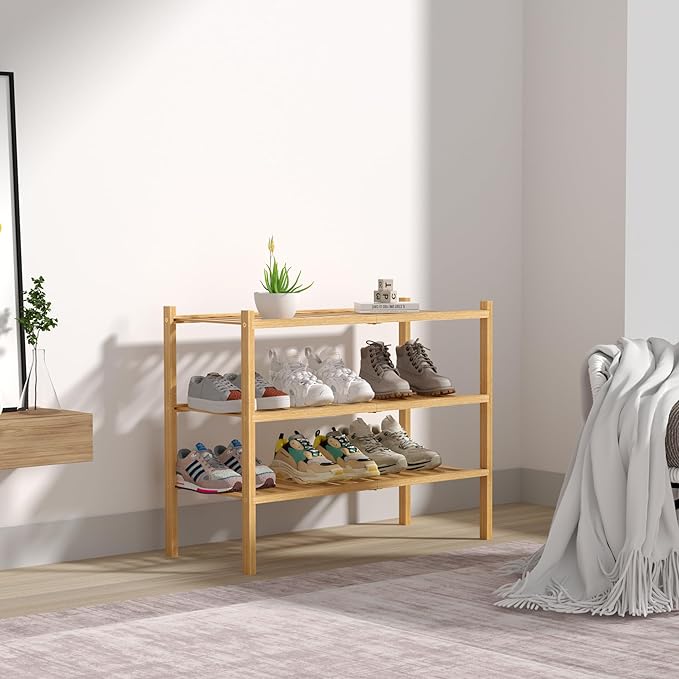 ROMGUAR CRAFT 3 Tier Bamboo Shoe Rack for Closet Free Standing Wood Shoe Shelf Storage Organizer for Entryway Small Space Stackable 27"x11"x20" (Natural)