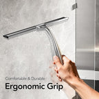 Shower Squeegee for Shower Glass Door with Adhesive Hook, Stainless Steel Squeegee for Shower Glass, Window Squeegee for Cleaning Tile Wall, Mirror, Car(10", Silver)