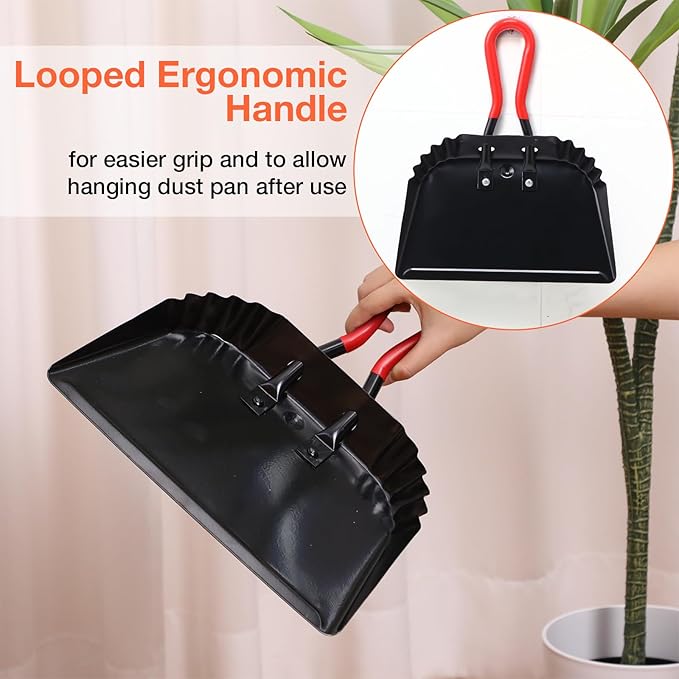Uiifan 4 Pcs Industrial Metal Dustpans 12" Heavy Duty Dust Pan with Handle Commercial Dustpan Wide Scooper Dust and Debris Sweeping Tool Precision Edge Rubber Grip Loop Handle (Black)