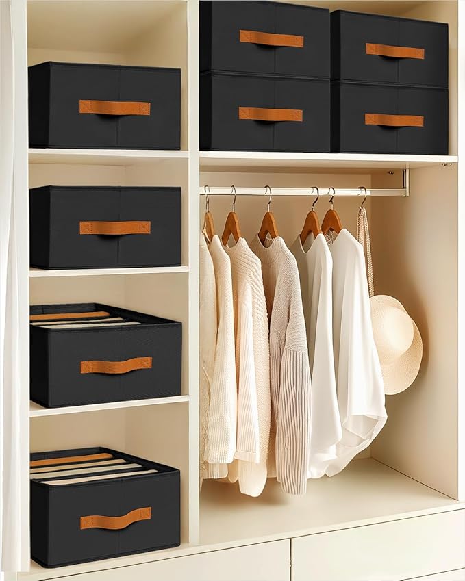 Homsorout Clothes Organizers and Storage - 4/5/7 Grids Fabric Jeans Organizer with Handles, Foldable Closet Organizers Dividers, Wardrobe organizer for Pant, Sweater, T-shirt, Scarf, 6 Pack, Black