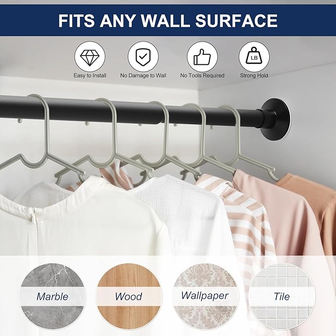 No Drilling Closet Rod, 27.5-82 Inches Hanging Closet Rod for Clothes, Closet Bar & Pole Heavy-duty, Closet Rods for Hanging Clothes For Closet Wardrobes Bathroom Laundry RV Curtains, Black