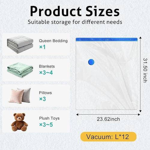 12 Pack Large Travel Vacuum Storage Bags, Portable Vacuum Seal Bags for Clothing Travel with Pump, Space Saver Bag for Luggage Suitcases Clothes Bedding Seasonal Storage