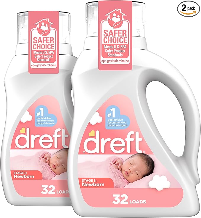 Dreft Newborn Baby Liquid Laundry Detergent, Gentle on Sensitive Skin, HE Compatible, 2 pack, 32 loads each