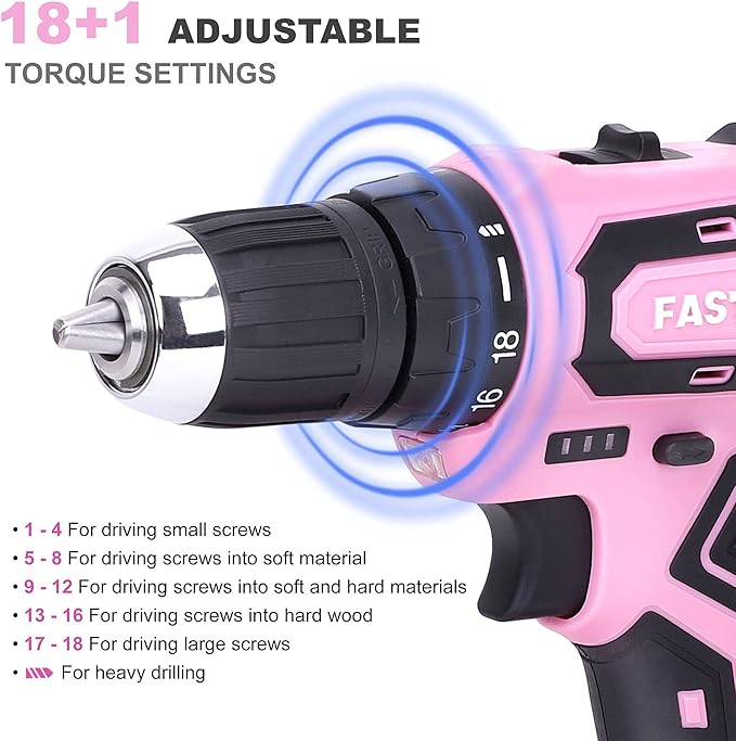 FASTPRO Pink Tool set -220-Piece Lady's Home Repairing Tool Kit & 12V Pink Cordless Lithium-ion Drill Driver