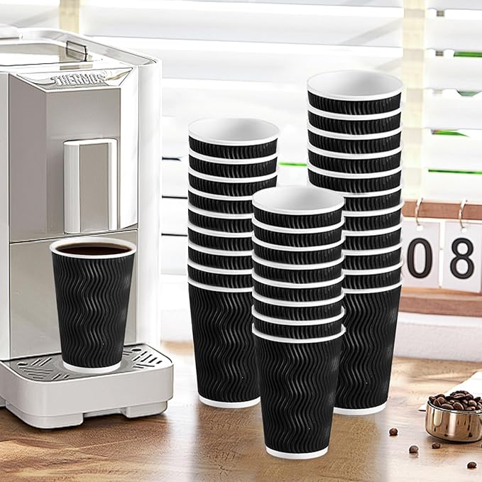 Lamosi Disposable Coffee Cups 16 OZ 90 Pack, Paper Coffee Cups 16 OZ for Hot Drinks or Cold Beverages, Insulated Corrugated Ripple Wall Cup No Lids for Office, Cafe, Home or Travel (Black)