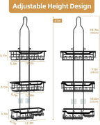 Adjustable Shower Caddy Hanging, Extended Length Organizer Over Shower Head, 3 Tier Long Neck Shower Rack with Soap Holder for Large Storage, Black