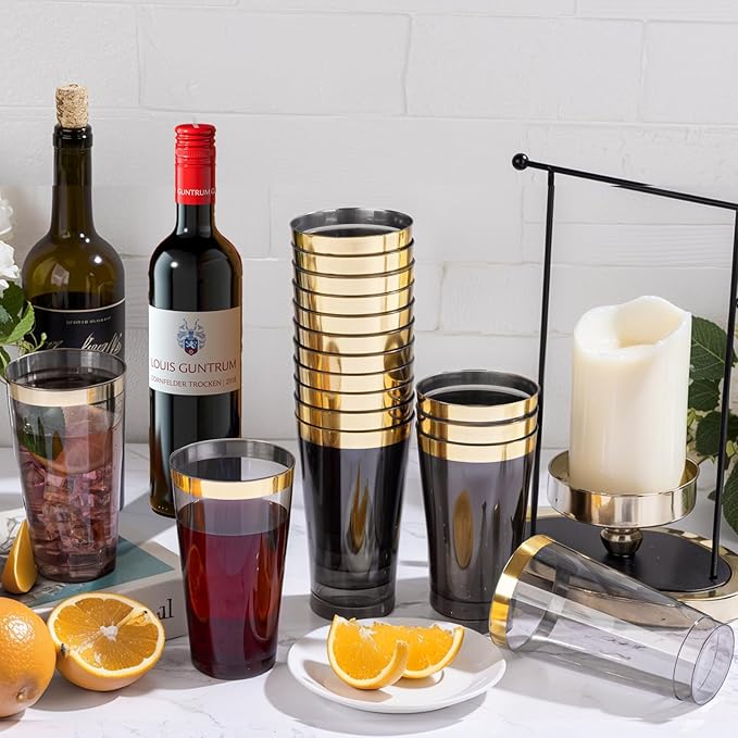LIYH 100 Pcs Gold Plastic Cups - 16 oz Clear Black and Gold Rim Plastic Wine Cups Big Size Fancy Disposable Wine Glasses Party Cup Beverage Drinking Cup for Party & Wedding