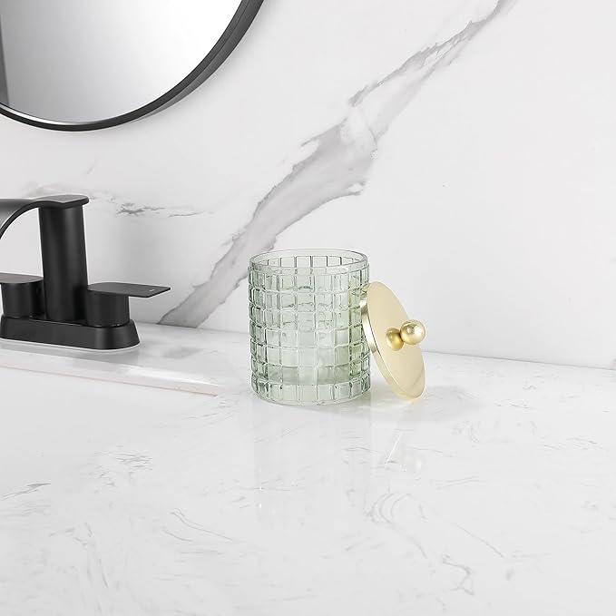Sage Colored Tranlucent Apothecary Etched Geometric Grid Glass Jar W/Gold Metal Lid Cover for Bathroom Organization, Cotton Balls, Q Tips, and Small Accessories, Bathroom Storage