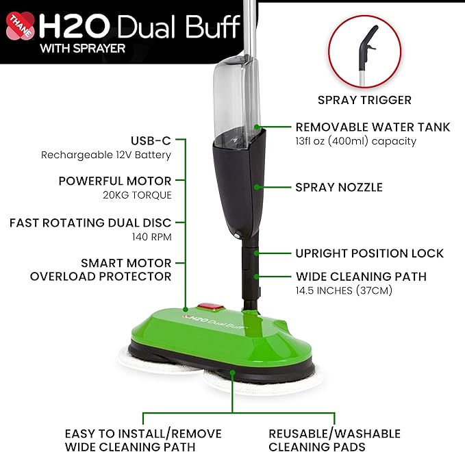 H2O Dual Buff Hard Floor Cleaner, Cordless Electric Mop - Rechargeable Hard Floor Cleaner Head – Scrub, Buff, and Polish with Washable Microfiber Cloths - Spray Mop for Hardwood Floors, Laminate, Tile