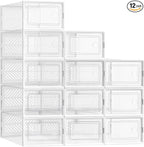 SONGMICS Stackable Shoe Boxes, Foldable Shoe Storage Organizers, Ventilated, for Max. Men's Shoes US Size 9 or Women's Shoes US Size 11, Sneakers, Set of 12, Transparent and White ULSP106W12V2