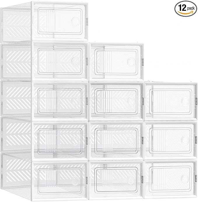SONGMICS Stackable Shoe Boxes, Foldable Shoe Storage Organizers, Ventilated, for Max. Men's Shoes US Size 9 or Women's Shoes US Size 11, Sneakers, Set of 12, Transparent and White ULSP106W12V2