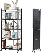 BRIAN & DANY 5-Tier Foldable Storage Shelves with Wheels, Folding Metal Rack Shelving Unit, Heavy Duty No Assembly Organizer Shelf for Garage, Kitchen, Basement, Pantry, Black